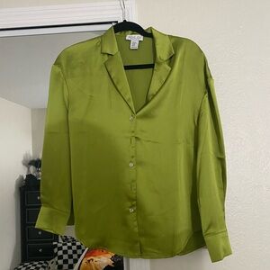 Rachel Zoe Lime Green Satin Button-Up Blouse